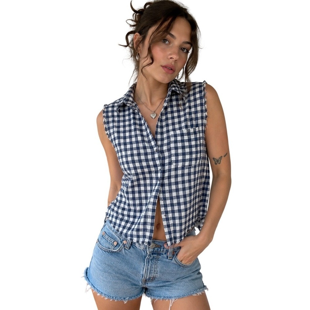 IMRIE Gingham Sleeveless Gauze Cotton Button Up Frayed‎ Hem Top Cottagecore M